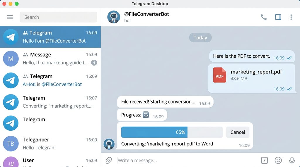 用户在 Telegram 界面与机器人对话的聊天框截图,显示文件转换进度条