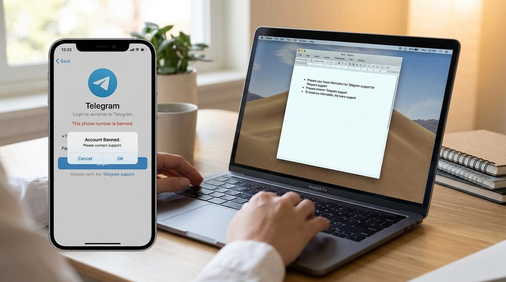一部手机显示Telegram登录失败界面,旁边放着笔记本电脑,体现紧急处理问题的场景
