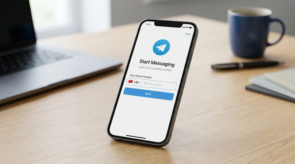 一部新款智能手机正在运行Telegram登录界面的特写，屏幕清晰显示区号选择和手机号码输入框，背景为