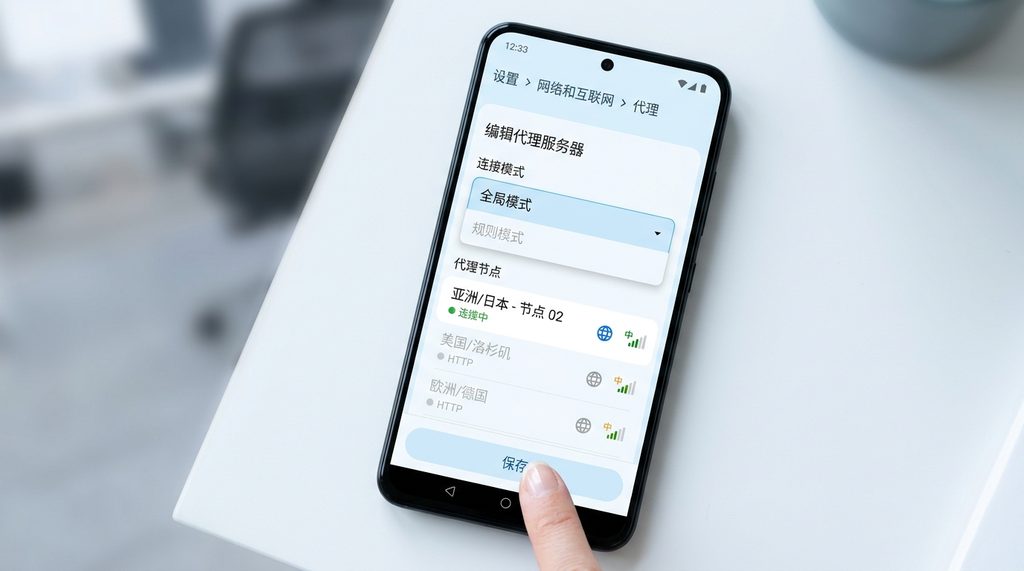 一部智能手机正在通过网络设置切换代理节点的界面，简洁明了的 UI 设计