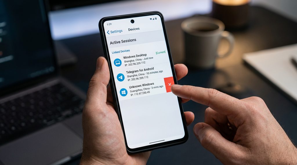 一个人的手机屏幕展示Telegram设置中“已连接设备”列表的特写,手指正准备点击删除某个可疑登录记