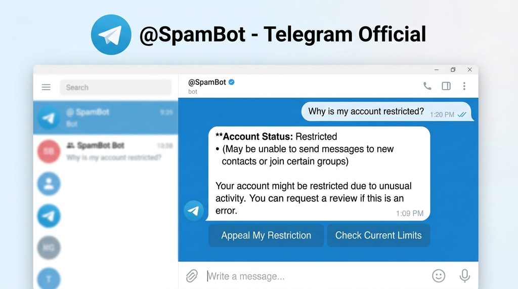 Telegram官方机器人界面,对话框显示账号状态检查和申诉选项,界面简洁明了