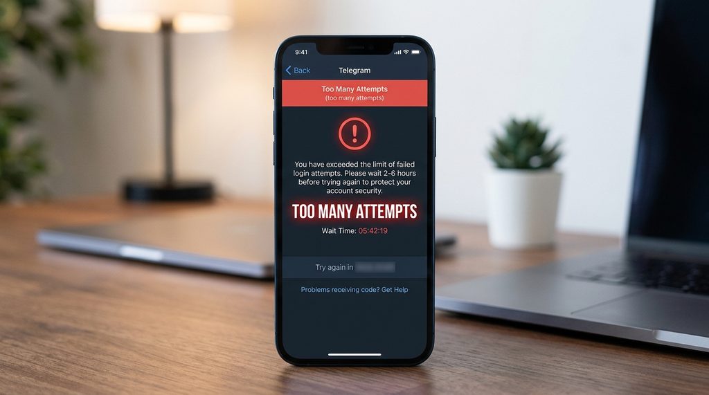 手机屏幕显示Telegram报错提示“Too many attempts”的界面，背景模糊处理，突出