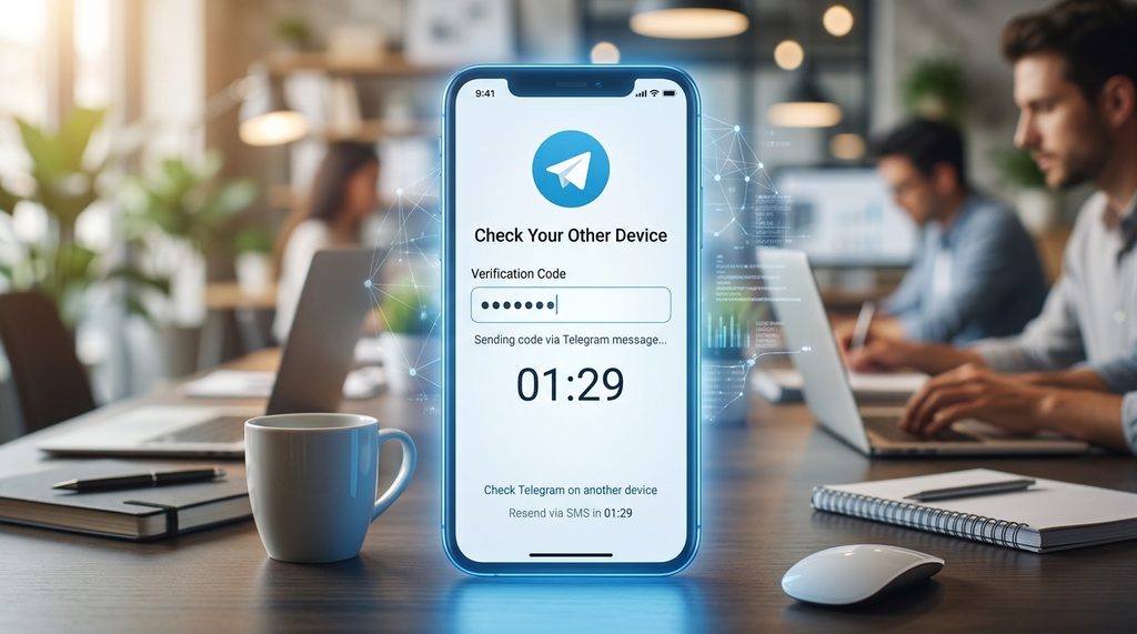 Telegram 登录界面显示验证码发送倒计时，背景是模糊的办公桌环境，突出数字屏幕