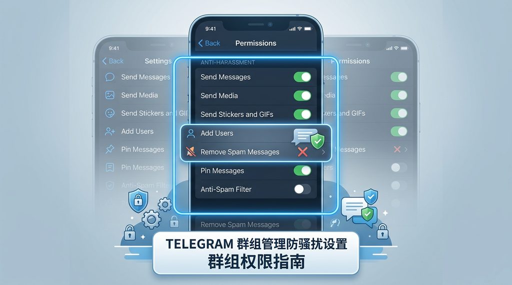 Telegram 群组设置界面的权限管理选项,高亮显示防骚扰设置