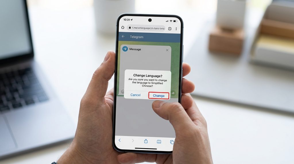 用户在手机浏览器中点击Telegram语言包链接，弹出“Change Language”确认窗口的截