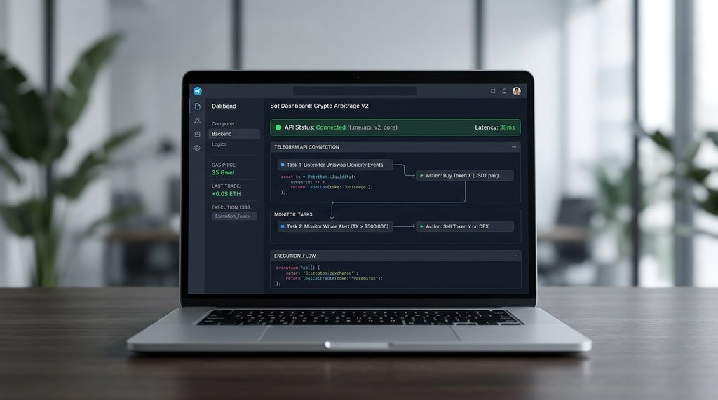 一个极简风格的电脑屏幕，显示 Telegram Bot 的后台代码逻辑界面，包含 API 连接状态和
