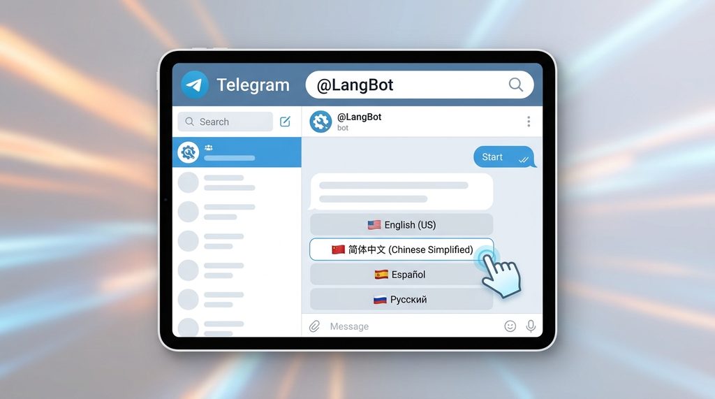 Telegram界面搜索栏输入@LangBot并展示语言列表的界面，简洁的操作演示