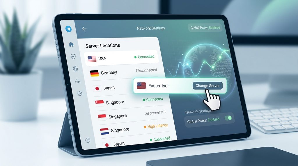 一张现代风格的极简网络设置界面，屏幕上显示着不同国家的服务器连接状态，光标正在点击切换节点