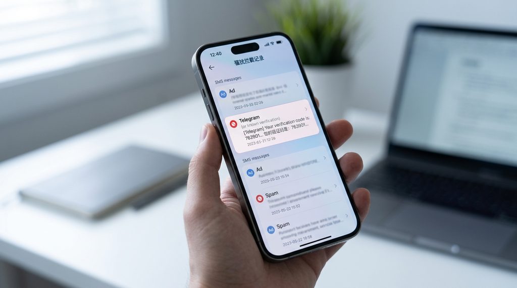 手机设置菜单中，打开“骚扰拦截”记录列表的特写镜头，显示出被拦截的验证码短信