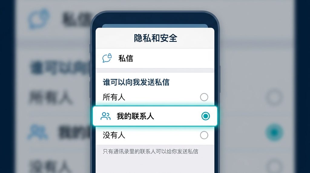 手机屏幕截图,展示 Telegram 设置页面中隐私与安全菜单下的私信权限选项