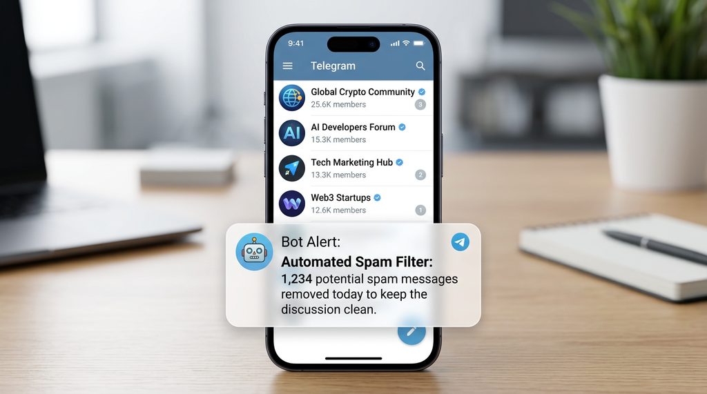 一个Telegram手机界面展示，屏幕上清晰显示着多个高质量群组列表，并配有机器人自动审核弹出的提醒