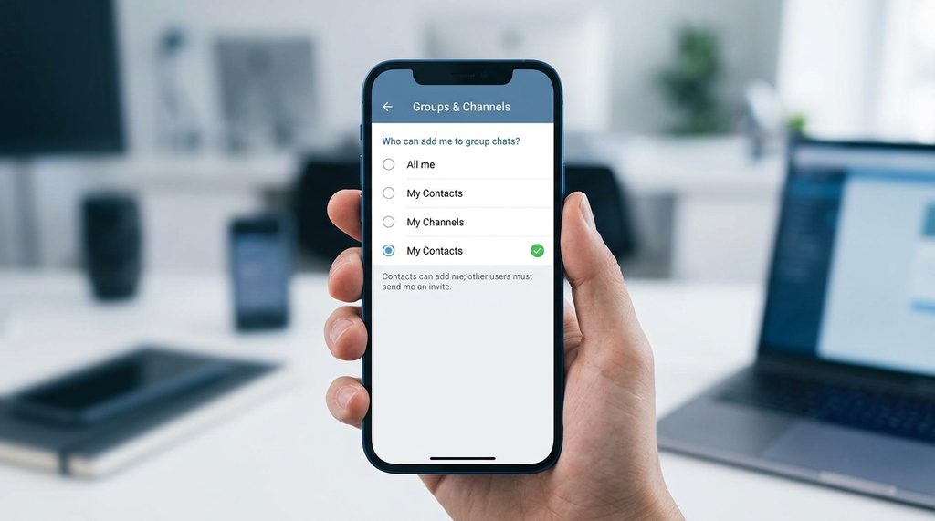 手机界面,展示 Telegram 群组邀请权限的设置页面,勾选“我的联系人”选项
