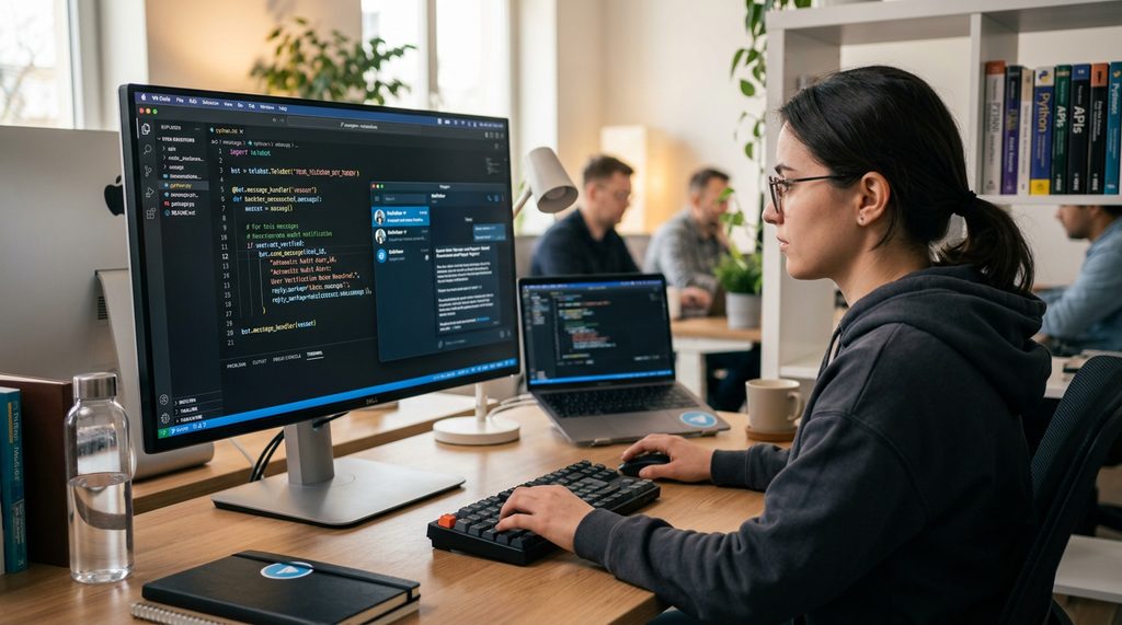 技术人员在电脑屏幕前编写代码，屏幕上展示着Telegram API接口连接器的配置界面，背景光线柔和