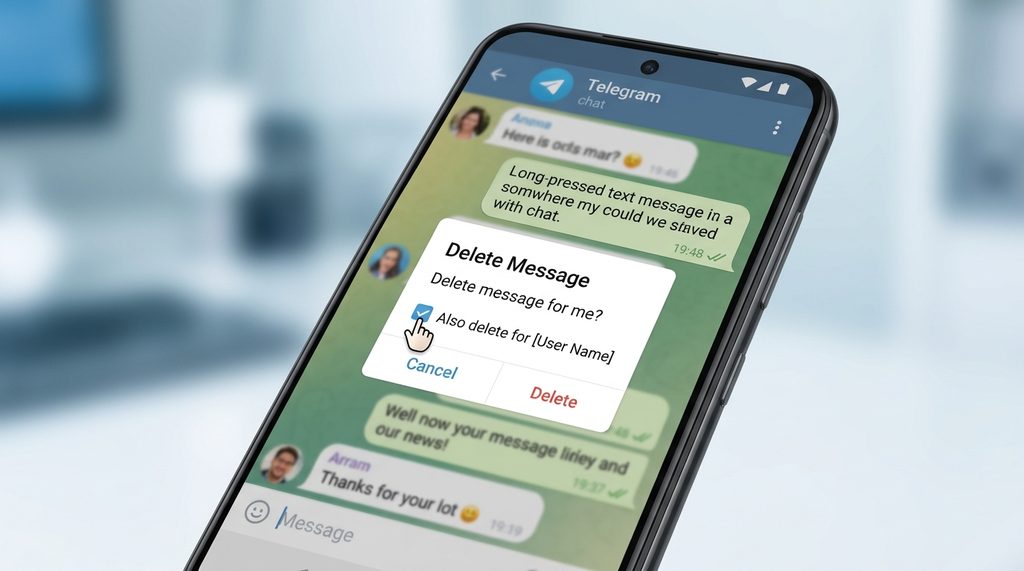 手机屏幕截图，展示 Telegram 长按消息后选择“删除”时的“同时为对方删除”勾选框，UI 简洁