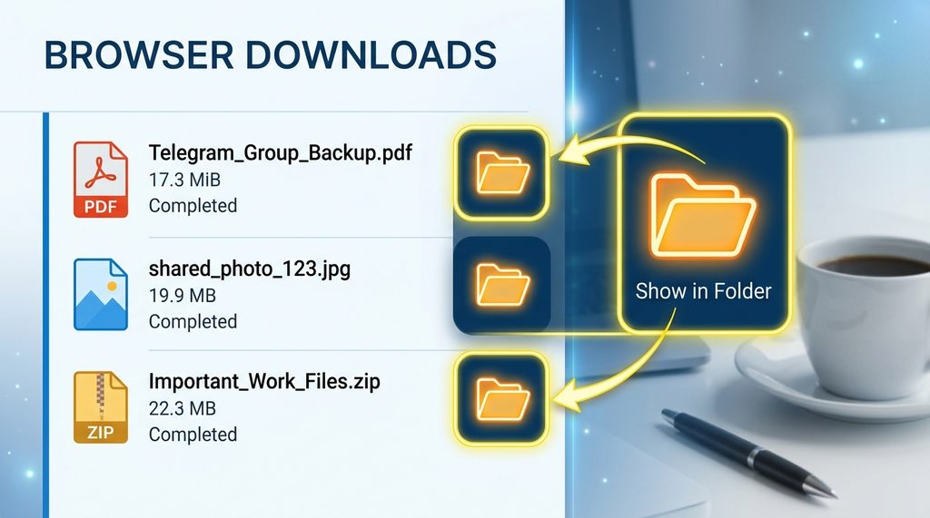 浏览器下载管理器界面，展示了最近下载的文件列表及文件夹打开图标，高亮显示搜索路径