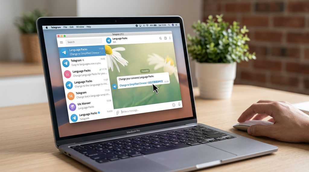 电脑桌面显示 Telegram 界面，用户鼠标正点击对话框中的蓝色汉化链接，屏幕背景简洁清爽