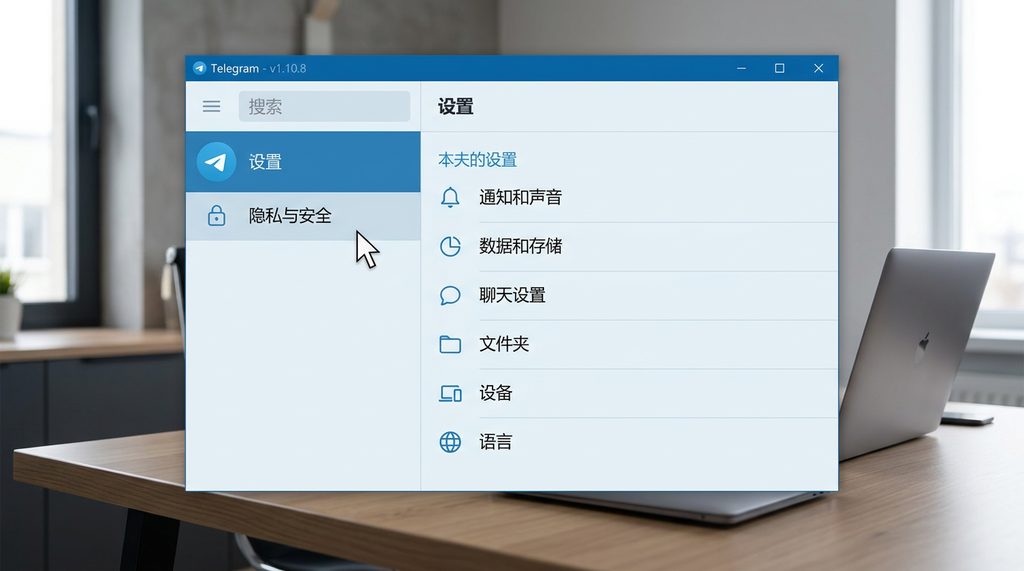 Telegram 设置菜单已变为中文显示，界面图标清晰，光标悬停在隐私设置选项上