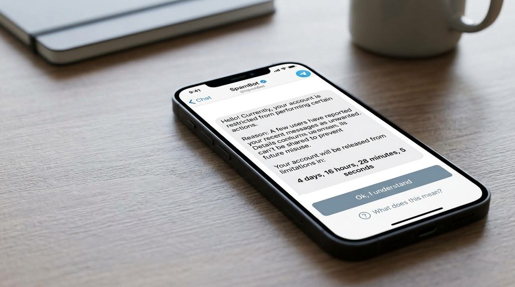 一部智能手机显示Telegram的SpamBot对话界面，屏幕显示账号当前的限制状态及解封倒计时，界