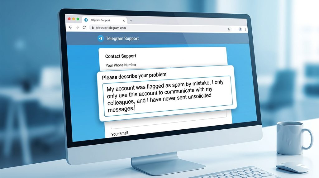 用户在电脑浏览器上打开Telegram官方支持表单页面的截图，显示正在填写申诉信息的界面，强调简洁明