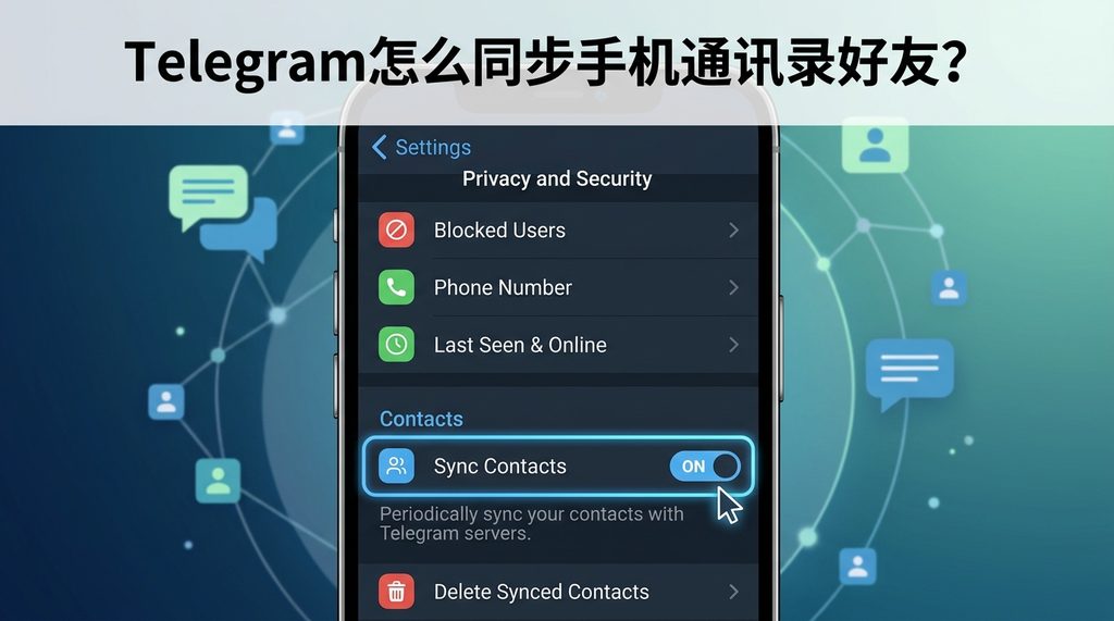 Telegram手机端隐私设置界面，高亮显示同步联系人开关，界面简洁清晰