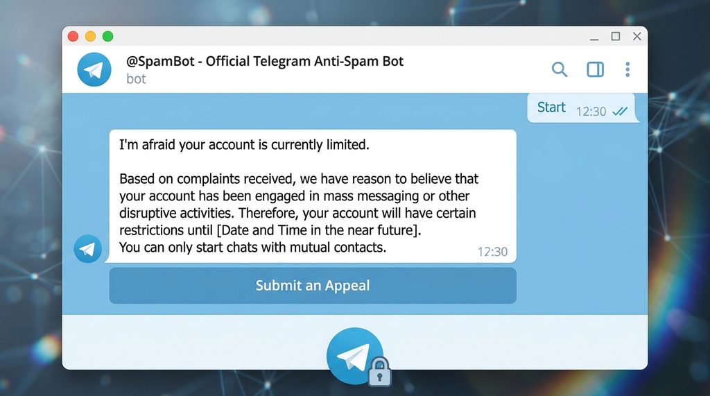 Telegram官方SpamBot机器人的聊天界面截图,显示账号状态查询结果