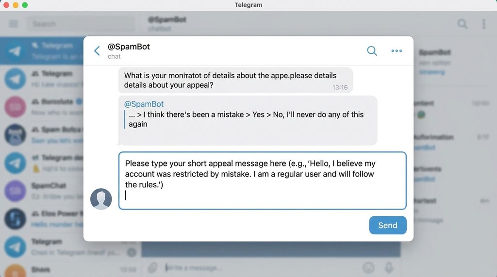 用户在Telegram应用内填写申诉理由的输入框界面,简洁明了