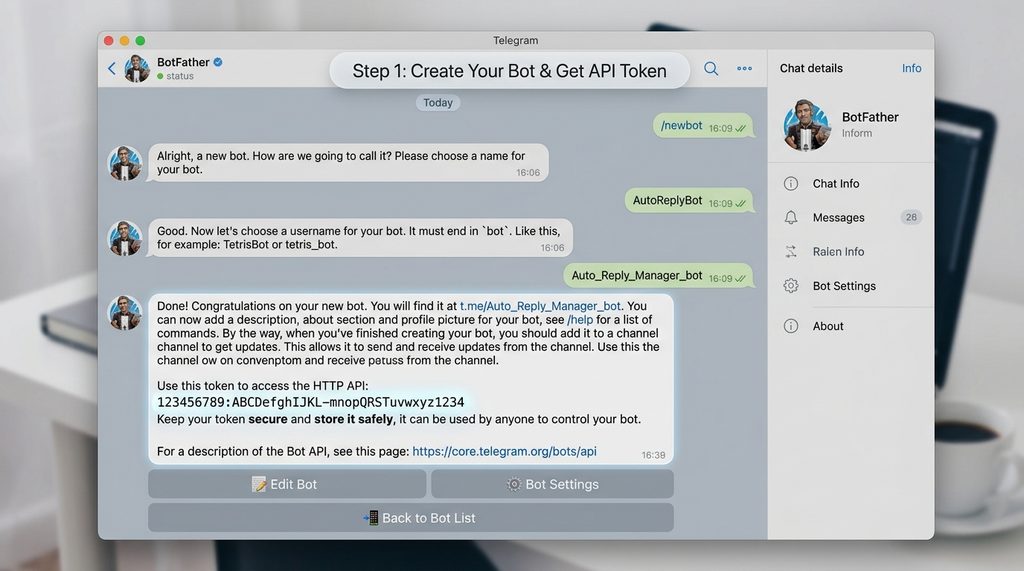 BotFather 对话界面的截图，显示创建机器人后的 Token 生成提示，界面简洁清晰