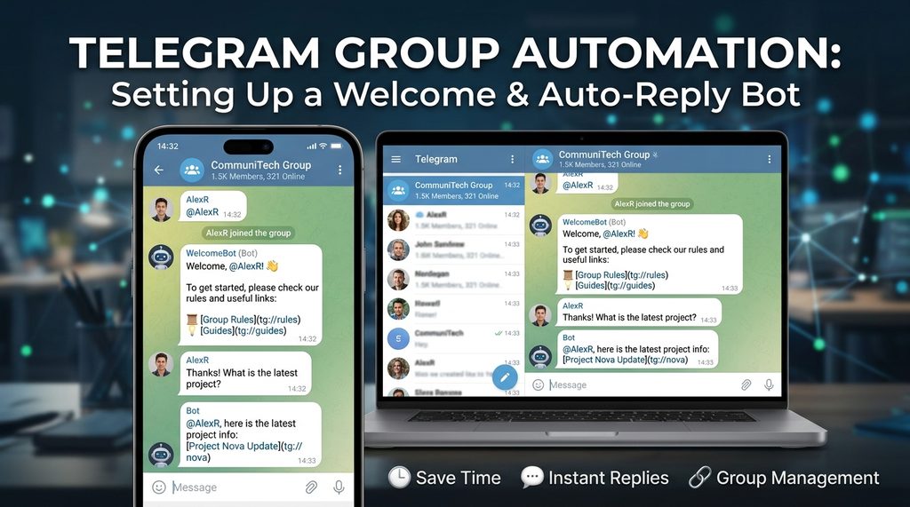 一个正在运行的 Telegram 群组，聊天框内机器人自动弹出欢迎信息和引导链接，界面简洁明了