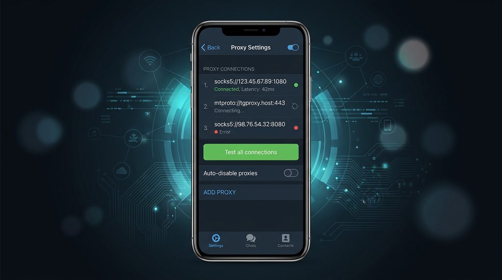 一张简洁的手机界面截图，显示Telegram设置中的代理连接测试页面，背景带有科技感的暗色调