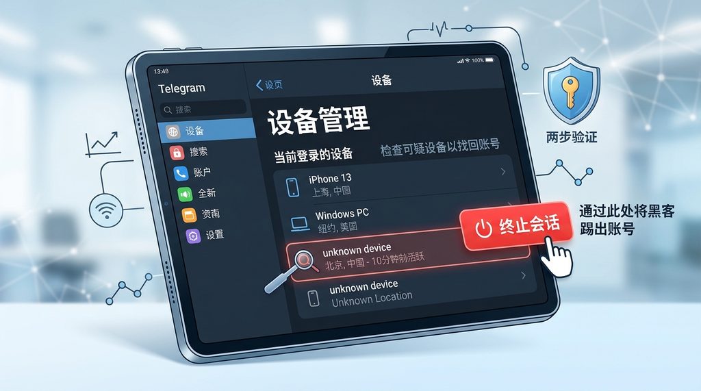 Telegram设置界面中的设备管理页面，展示已登录设备列表及终止会话的红色按钮，简洁明了的UI设计