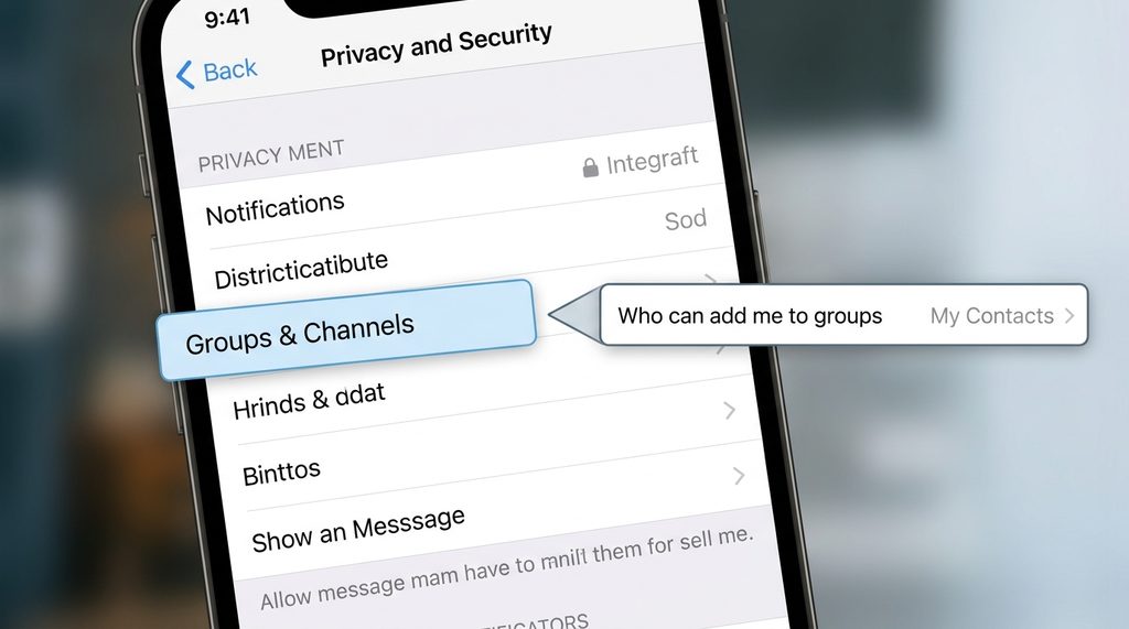 展示Telegram设置界面中隐私与安全菜单下的群组和频道访问控制选项,界面简洁明了