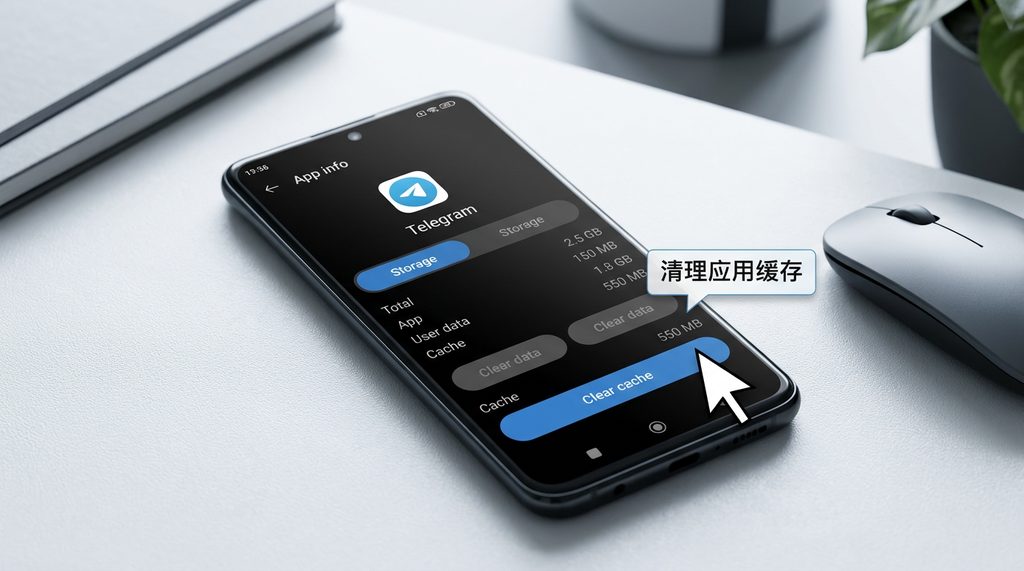 安卓手机的应用管理设置页面，光标正指向Telegram的存储空间清理选项