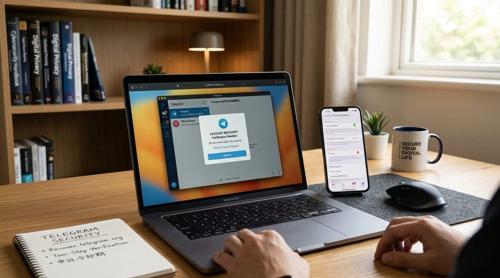 一个专注于数字安全的工作空间，桌面上放着手机和笔记本电脑，屏幕上显示着账号安全设置的提示，光线柔和且