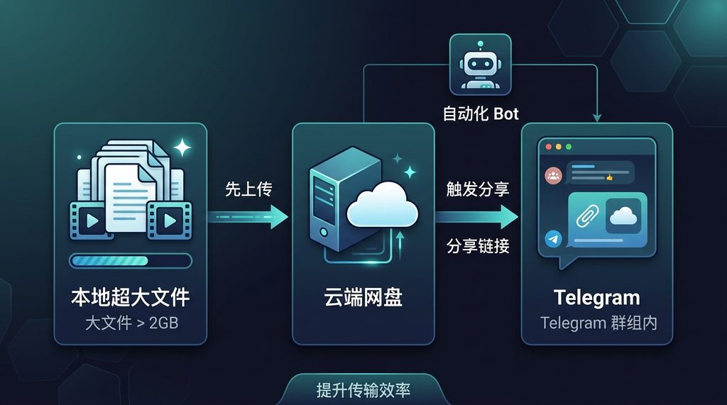 一个简单的流程图,展示从本地大文件通过云盘中转后,在Telegram群组内发送分享链接的逻辑