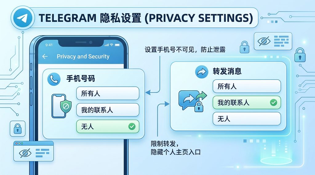 Telegram用户个人资料隐私设置界面,勾选隐藏手机号码和转发消息限制的示意图