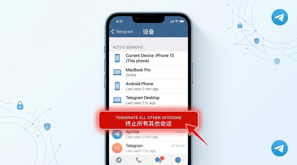 Telegram设置界面中显示已连接设备列表的截图，突出显示“终止所有其他会话”的红色按钮，背景干净