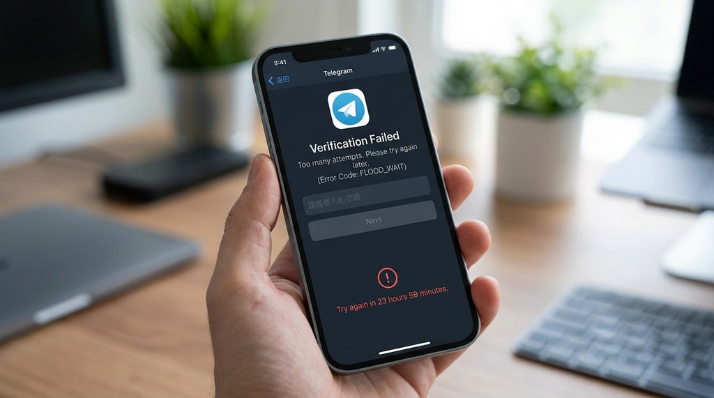 一部智能手机显示 Telegram 验证失败的错误提示界面,风格简洁清晰