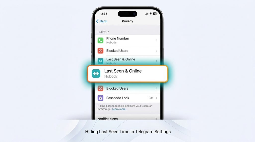 展示 Telegram 移动端隐私设置界面，高亮显示“最后上线时间”选项的截图