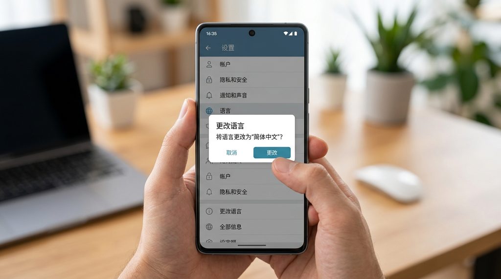 手机屏幕显示Telegram设置菜单，点击语言选项并弹出中文切换确认弹窗的实拍界面