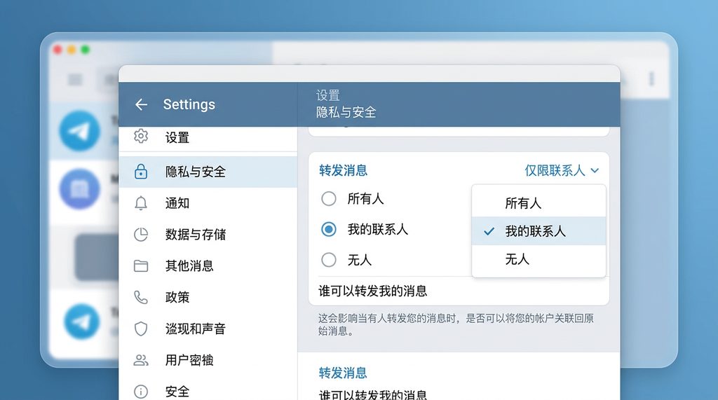 Telegram隐私设置页面，展示“转发消息”权限设置为“仅限联系人”的界面，采用现代扁平化UI风格