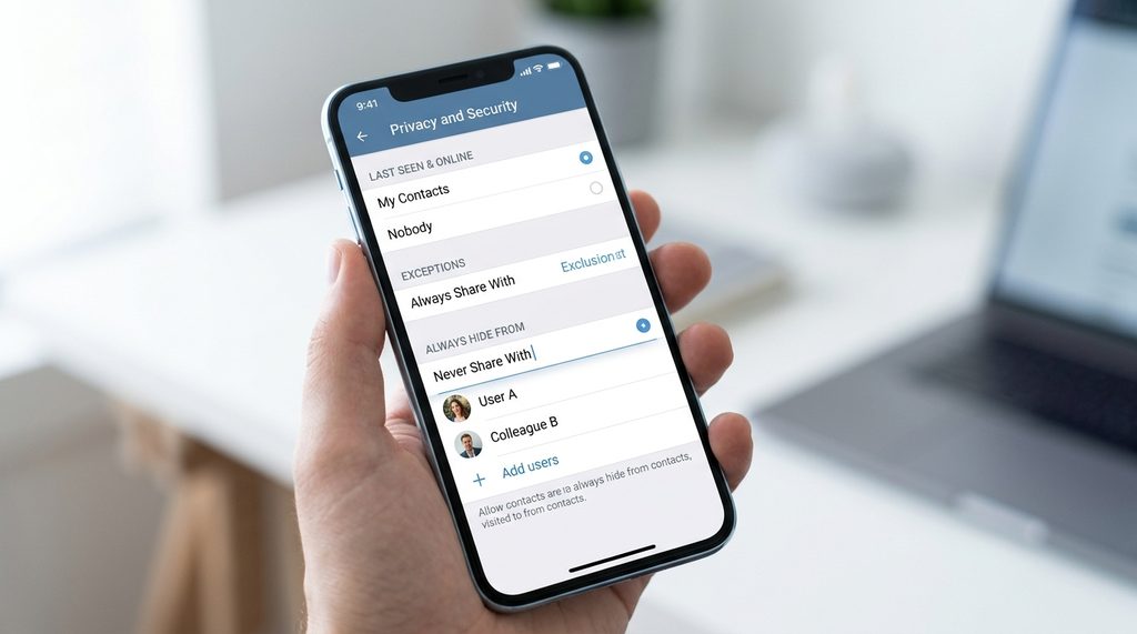 Telegram 用户自定义权限设置界面，显示“始终拒绝”名单的配置演示
