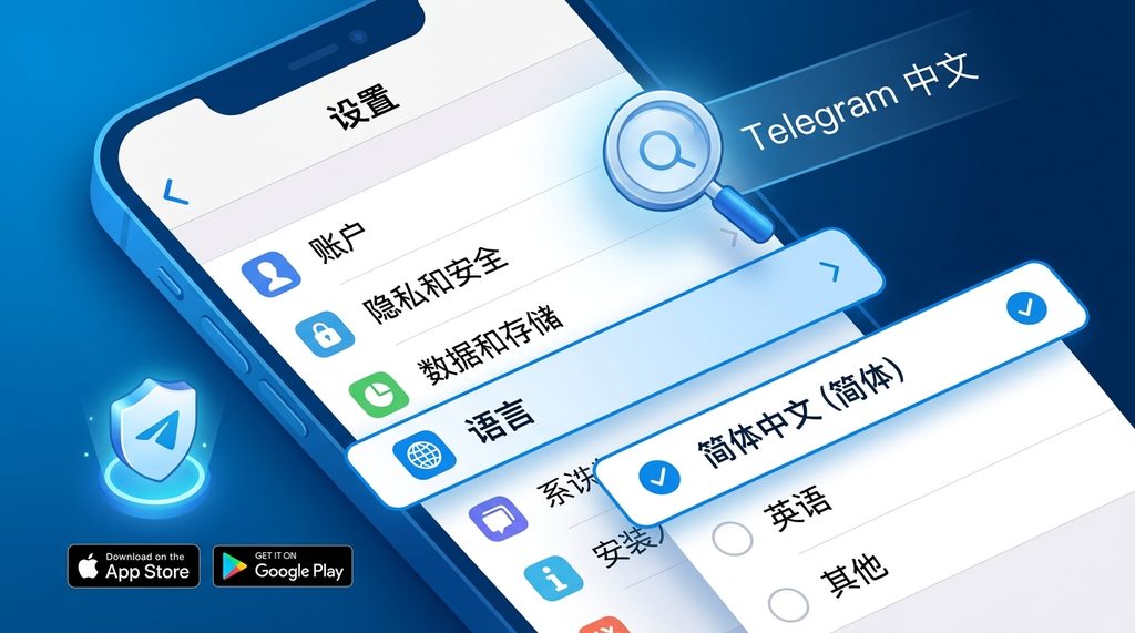 Telegram设置界面中，清晰显示语言选项以及简体中文已被选中的效果预览图