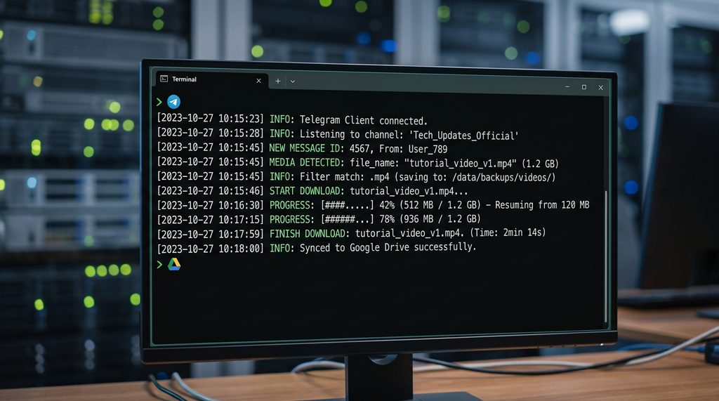 一个简洁的服务器终端界面，显示着正在抓取 Telegram 媒体文件的代码日志，背景虚化
