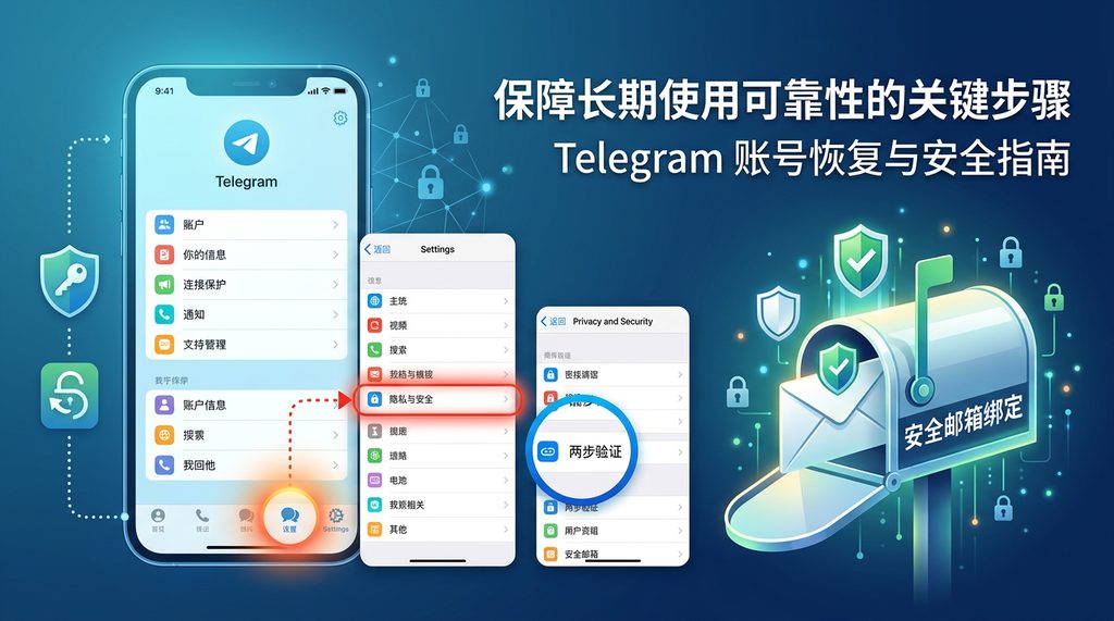 Telegram 手机设置界面,高亮显示“隐私与安全”以及“二步验证”菜单的截图