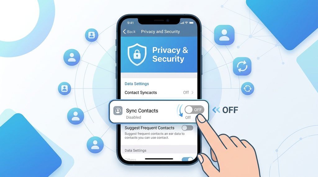 Telegram手机端设置界面，展示隐私与安全菜单及同步联系人开关的交互细节，简洁明了的UI风格