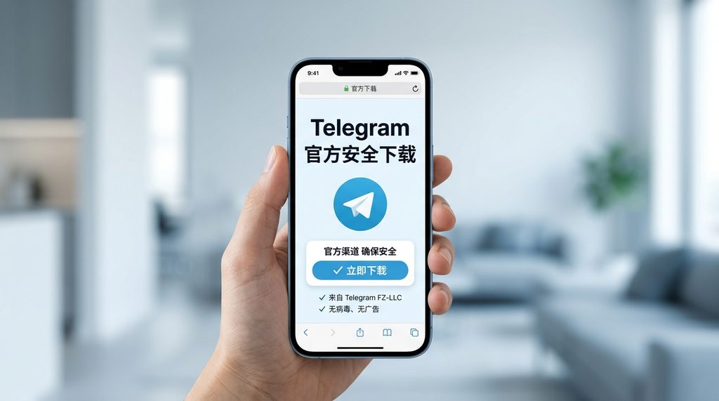 智能手机屏幕显示 Telegram 官方 Logo 与下载界面,背景简洁干净,强调官方渠道的安全性
