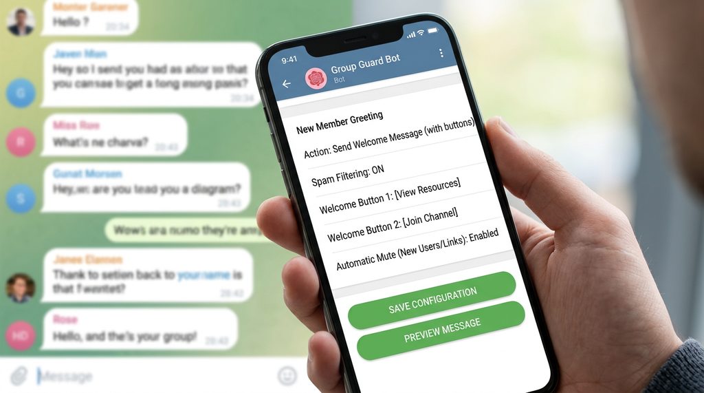 手机屏幕显示 Telegram 群组机器人设置界面,界面上有简洁的按钮配置选项,背景为模糊的群聊对话