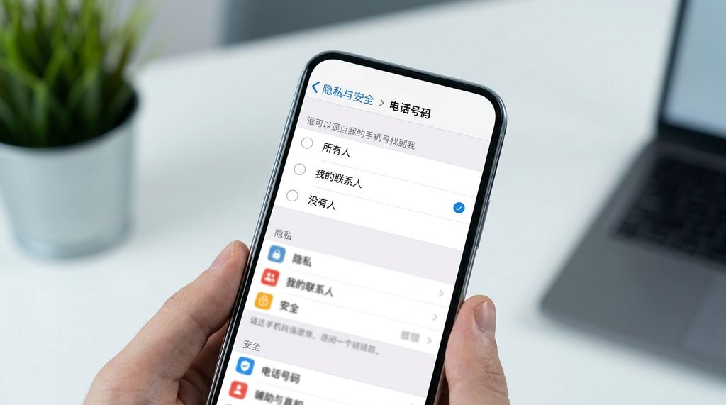 Telegram隐私设置界面，电话号码权限配置页面，显示“谁可以通过手机号找到我”选项的截图