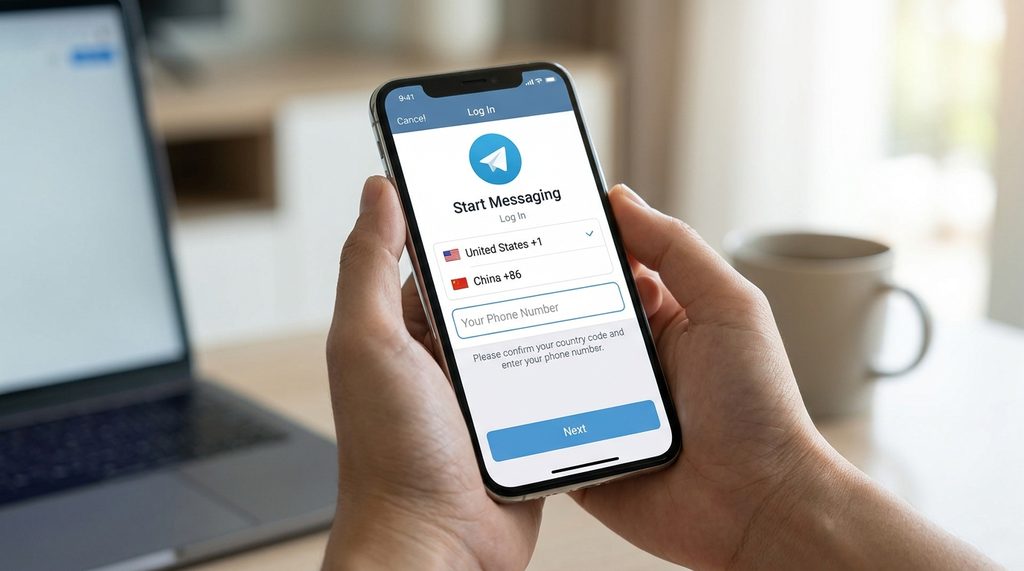 手机登录页面展示,输入框清晰,引导用户填写手机号,UI 设计符合 Telegram 经典配色